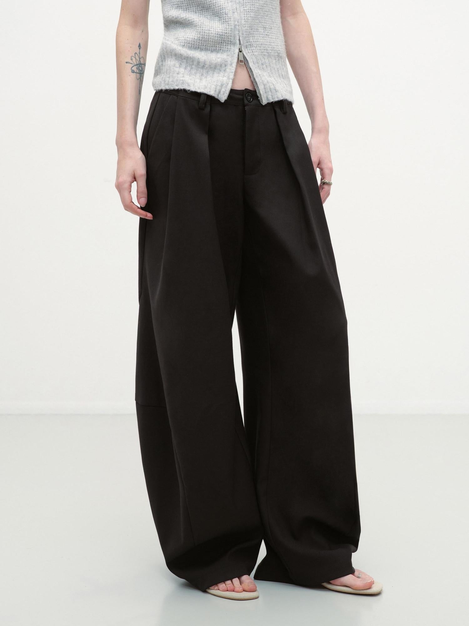 RUN TO THE FUTURE Pleated Minimalist Mid Rise Micro Stretch Casual Loose Fit Black Wide-Leg Pants