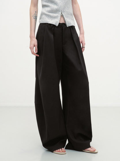 RUN TO THE FUTURE Pleated Minimalist Mid Rise Micro Stretch Casual Loose Fit Black Wide-Leg Pants