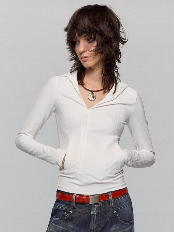 RUN TO THE FUTURE Moisture Wicking Vintage Commuter Slim Hooded White Women Long Sleeve T-Shirts