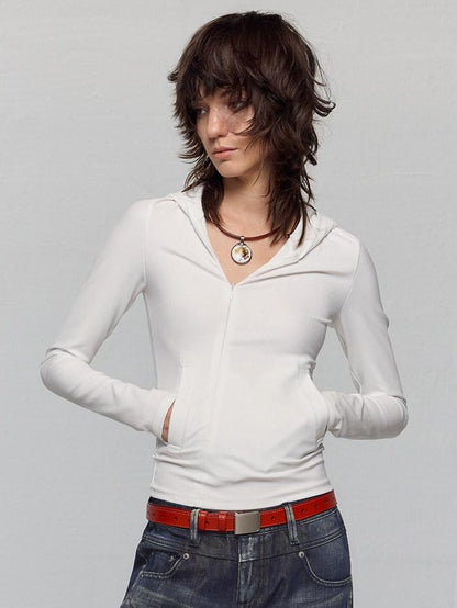 RUN TO THE FUTURE Moisture Wicking Vintage Commuter Slim Hooded White Women Long Sleeve T-Shirts
