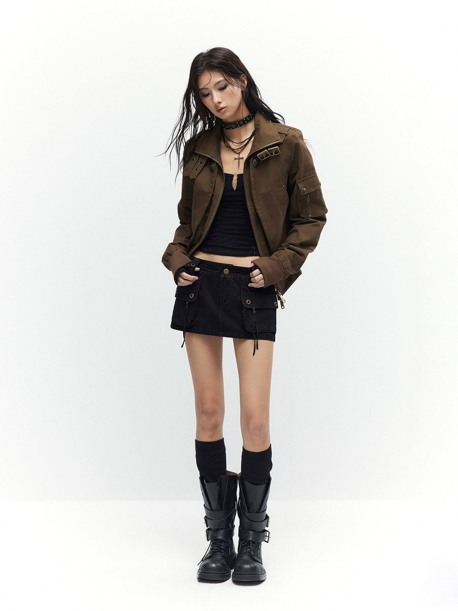 Low pixel Windproof Vintage Slim Metal Detail Women Cotton Lyocell Button Cropped Jackets