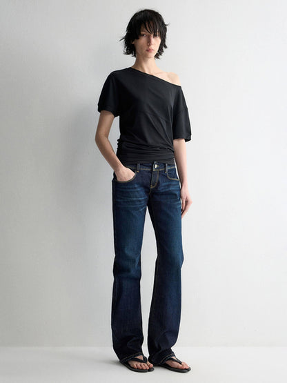 RUN TO THE FUTURE Durable Low Rise Slim Fit Casual Dark Denim Zipper Fly No Stretch Straight Jeans