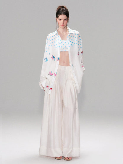 The NeverMore Soft Breathable Linen Blend Relaxed Drop Shoulder Polka Dot Long Sleeve Shirts