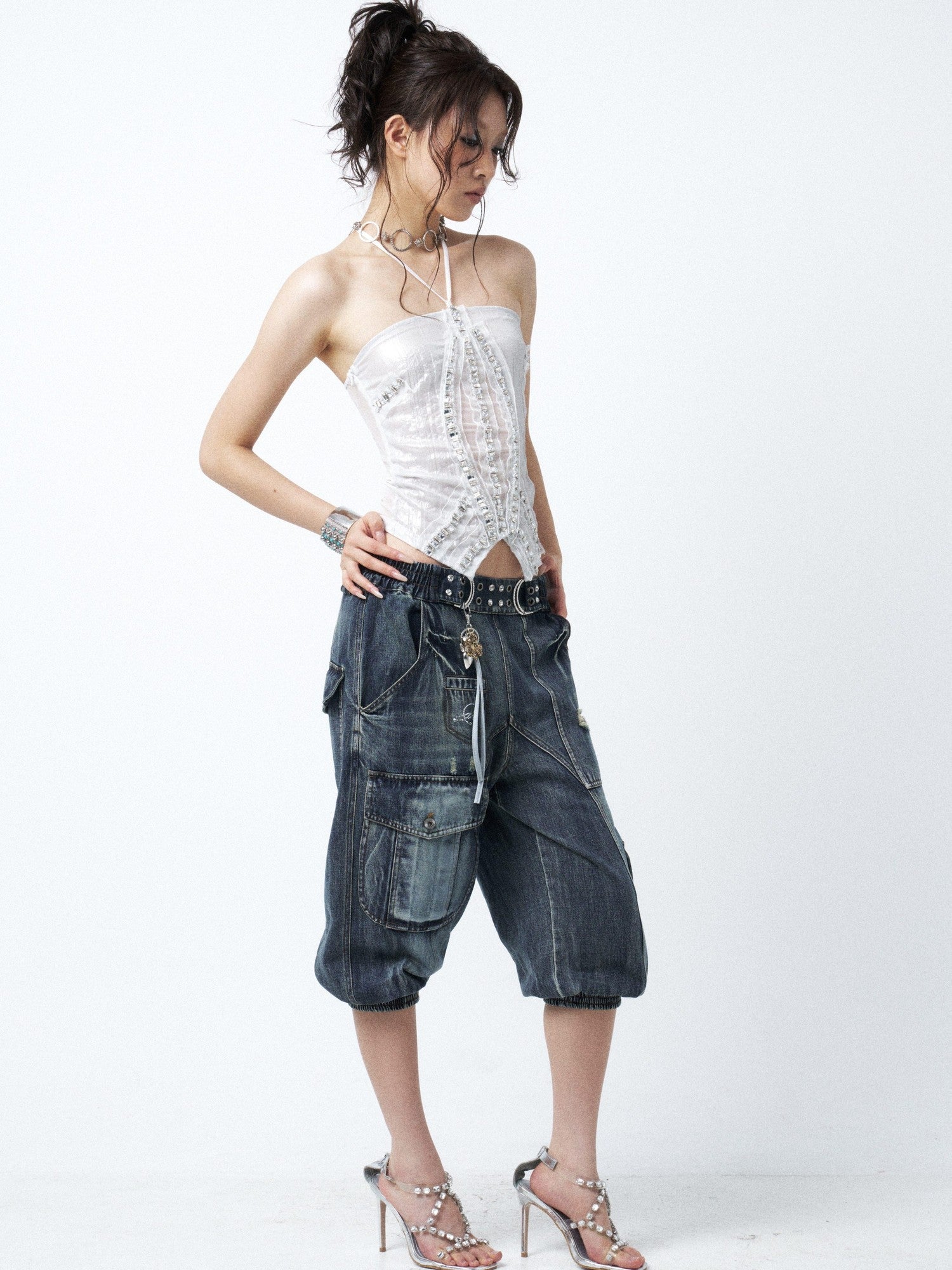 OPEN AESTHETIC Waterwashed Distressed Rhinestone Women&