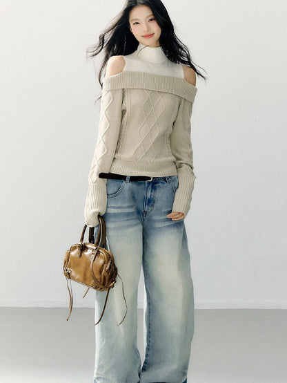 7Shiftin Faux Layer Halter Neck Relaxed Slim Fit Women Campus Knit Pullover Sweaters