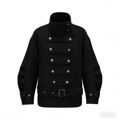 nit alcove Warm Wool Blend Pleated Biker Collar Unisex Double Breasted Cropped Wool Coats