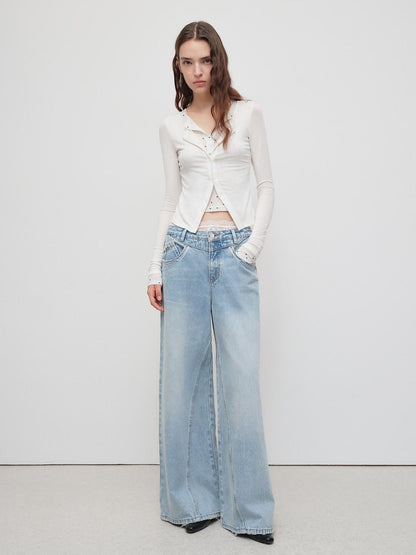 RUN TO THE FUTURE Light Blue Casual Loose Natural Waist Button Fly No Stretch Women Wide-Leg Jeans
