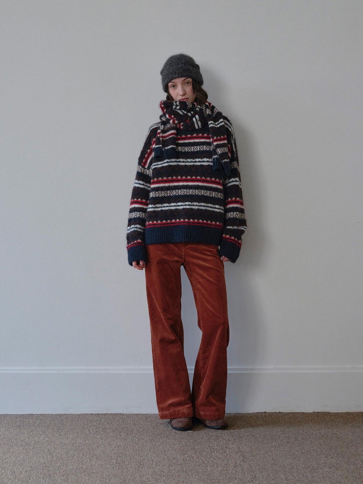 DKZ OFFICIAL Retro Striped Jacquard Two Piece Scarf Pullover Women&