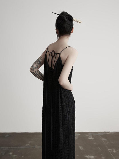 INDULGE Sleek Dark Goth Lace Ribbon H Natural Waist Black Nylon Slip Maxi Dresses