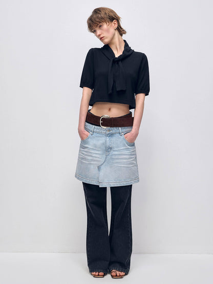 RUN TO THE FUTURE Vintage Knit Solid Black Short Sleeve Straight Fit Ladies Crop Tops