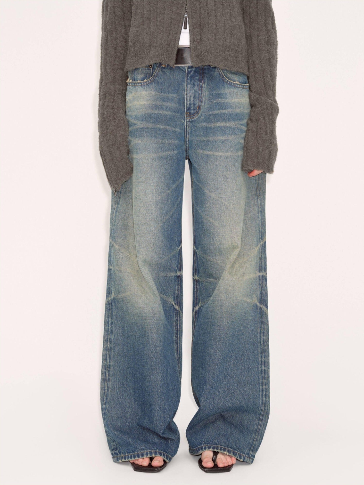 RUN TO THE FUTURE Washed Vintage Blue Low Rise Loose Fit Unisex High Cotton Denim Straight Jeans