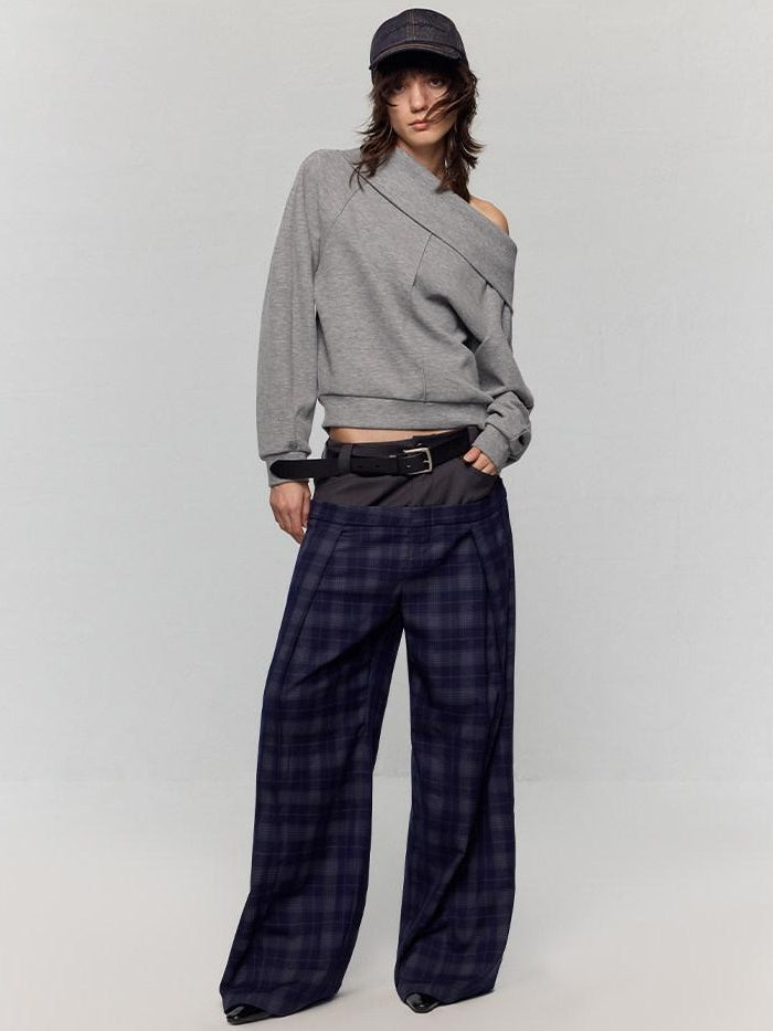 RUN TO THE FUTURE Asymmetric Slanted Neck Loose Fit Retro Office Pullover Heather Gray Sweatshirts