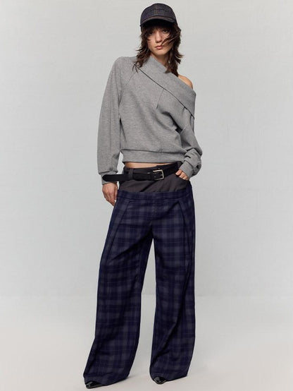 RUN TO THE FUTURE Asymmetric Slanted Neck Loose Fit Retro Office Pullover Heather Gray Sweatshirts