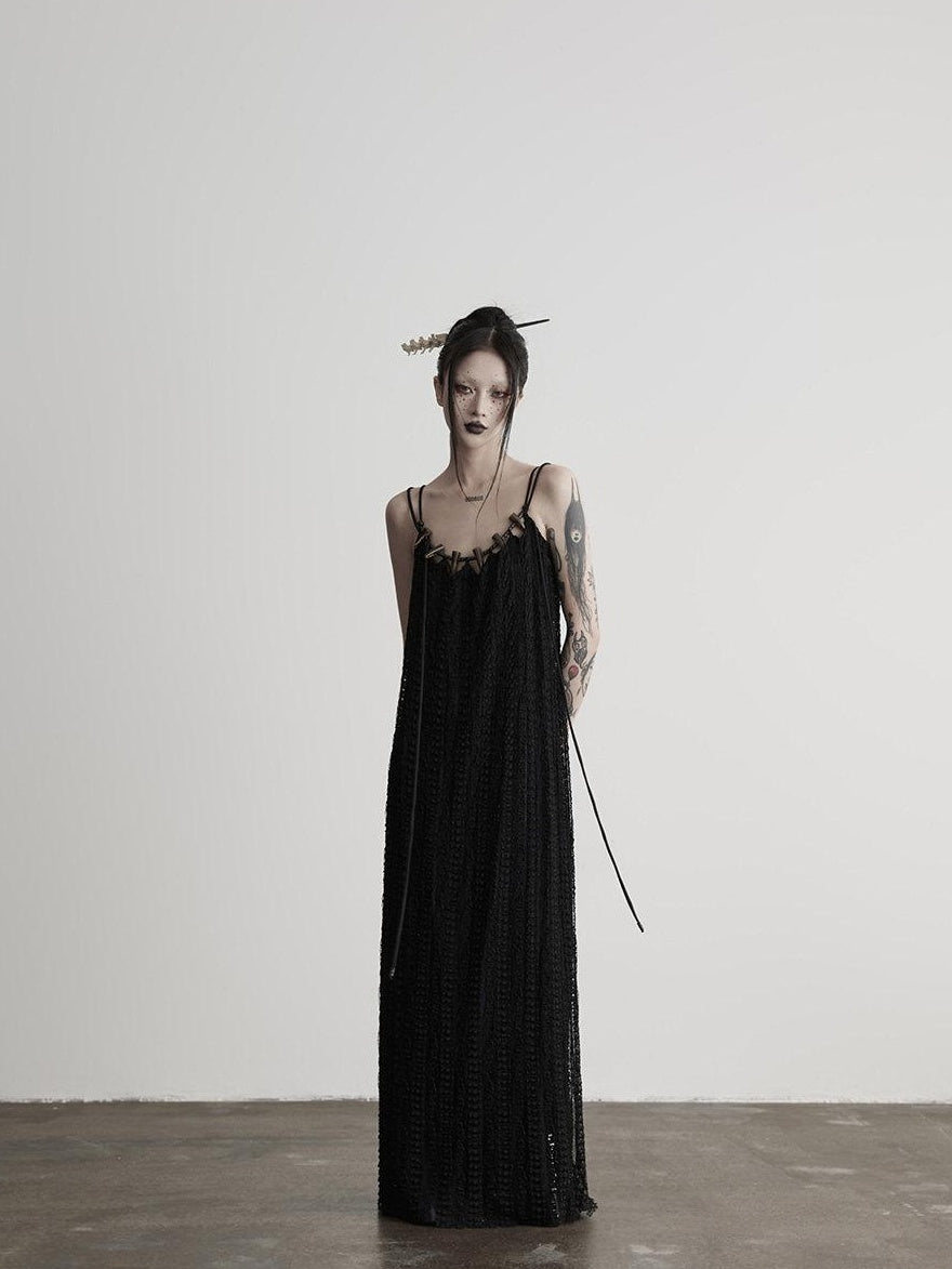 INDULGE Sleek Dark Goth Lace Ribbon H Natural Waist Black Nylon Slip Maxi Dresses