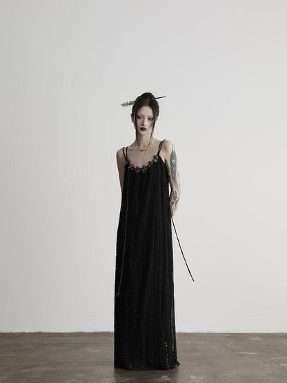 INDULGE Sleek Dark Goth Lace Ribbon H Natural Waist Black Nylon Slip Maxi Dresses