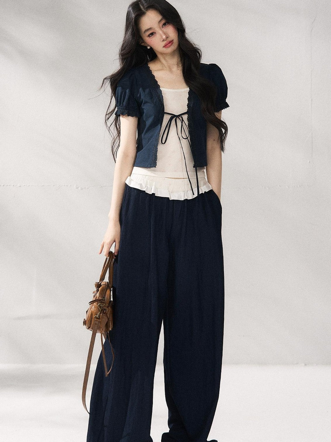 7Shiftin Nylon Cotton Blend Relaxed Natural Waist Women Solid Navy Wide Leg Pants