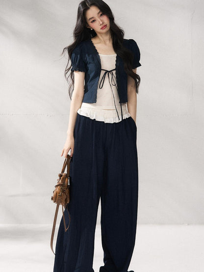 7Shiftin Nylon Cotton Blend Relaxed Natural Waist Women Solid Navy Wide Leg Pants