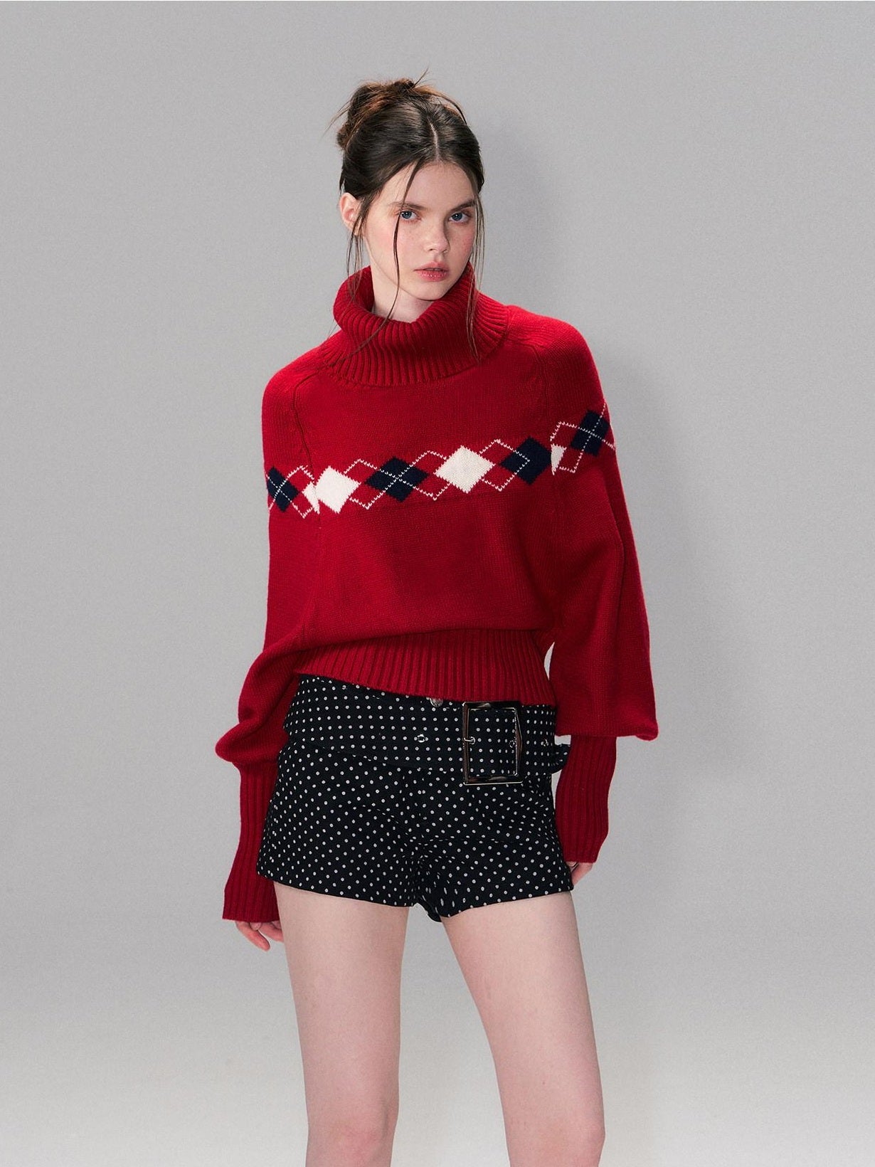 The NeverMore Warm Wool Pullover Vintage Jacquard Cape Batwing Women High Neck Red Sweaters