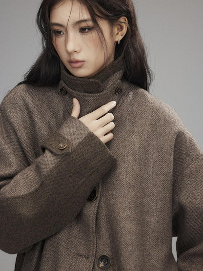 Low pixel Wool Blend Thick Colorblock Oversized Stand Collar Single Breasted Wool Coats