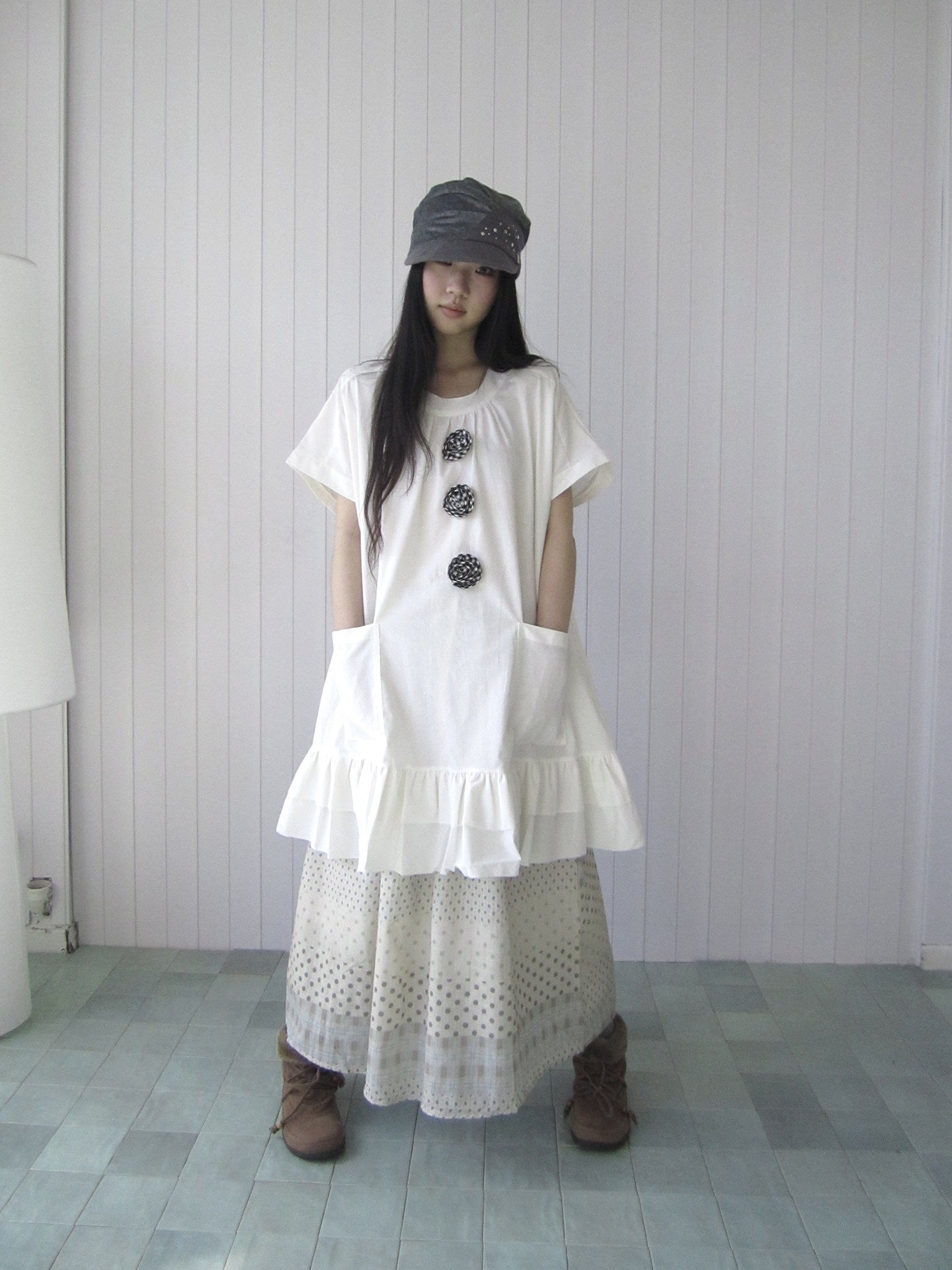 ang project Vintage 3D Floral Ruffle Double Layer Round Neck Women&