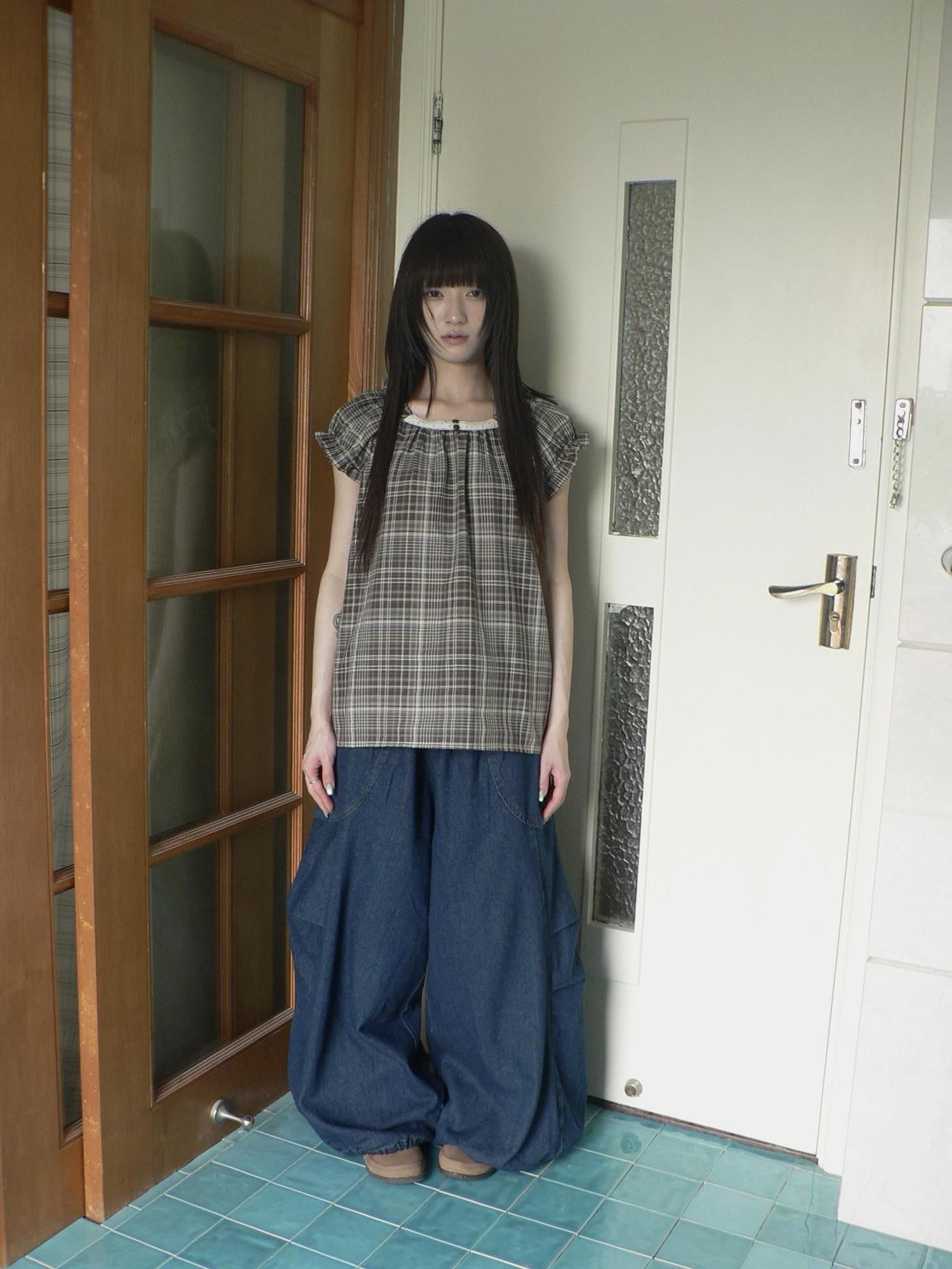 ang project Deep Blue Vintage Pleated Elastic Waist Loose Fit Women&