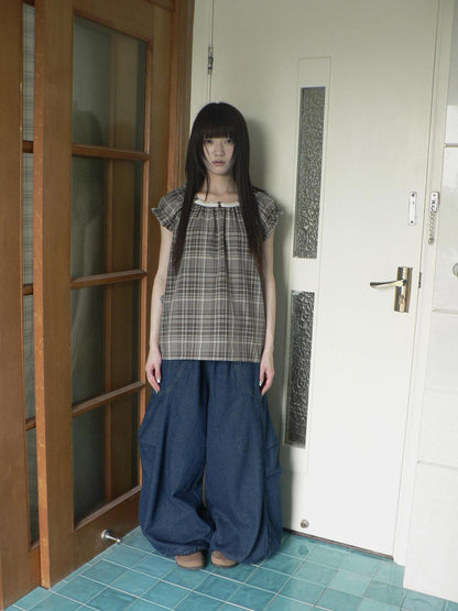 ang project Deep Blue Vintage Pleated Elastic Waist Loose Fit Women&