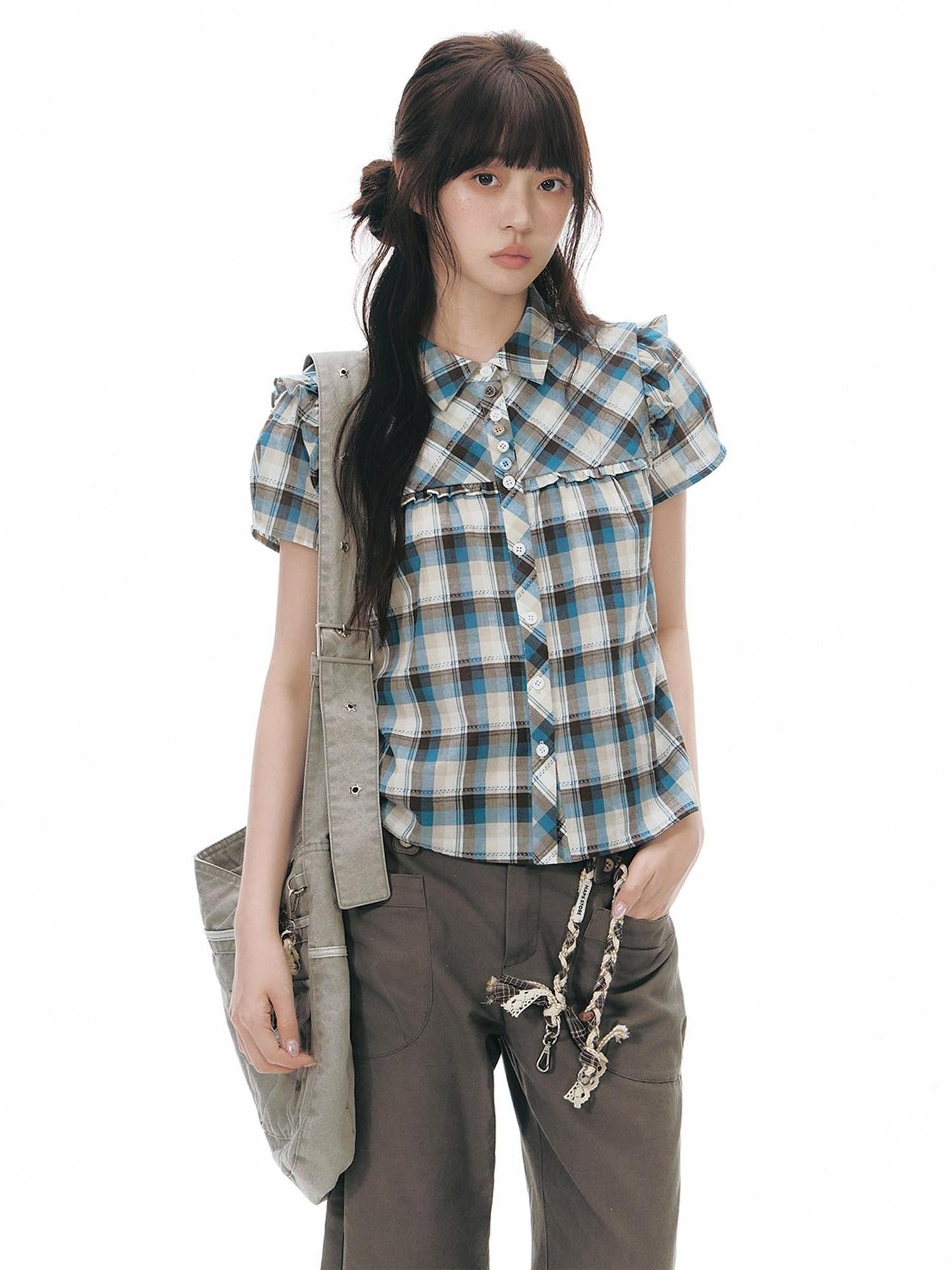 NAPSNAPS Blue Plaid Ruffle Puff Sleeve Button Tie Women&