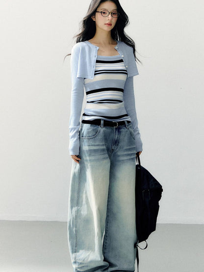7Shiftin Washed Cotton Natural Waist Girly Zip Fly Non Stretch Blue Women Wide Leg Jeans