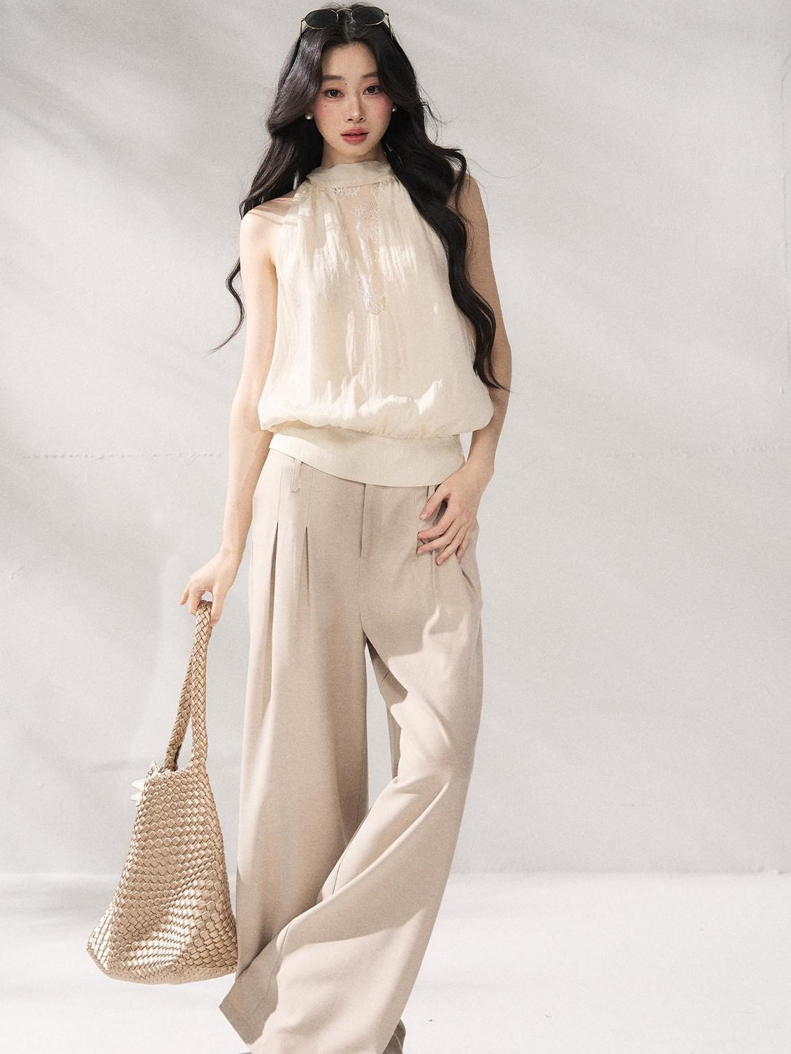 7Shiftin Soft Lyocell Loose Halter High Neck Short Beige Womens Off Shoulder Crop Tops