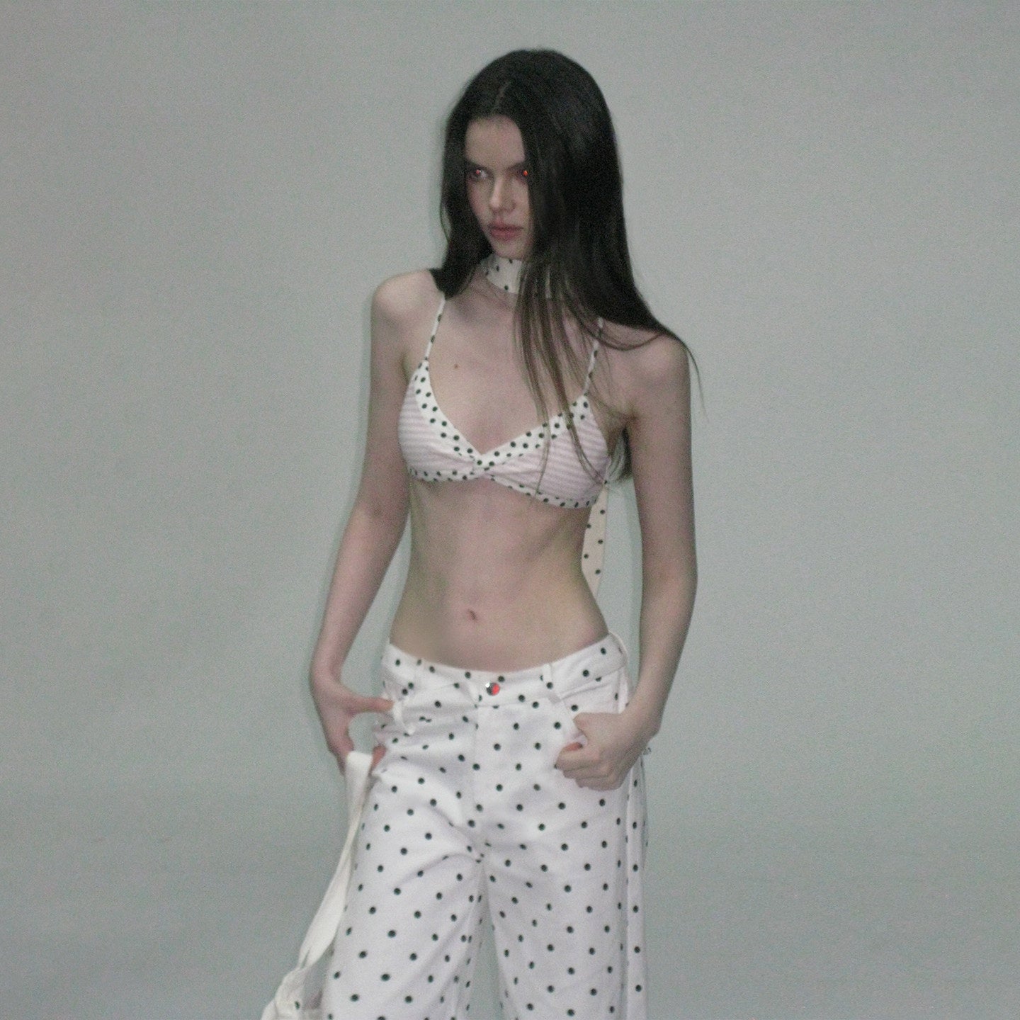 The NeverMore Padded Polka Dot Slim Fit Cropped Round Neck Womens Cotton Blend Camisoles