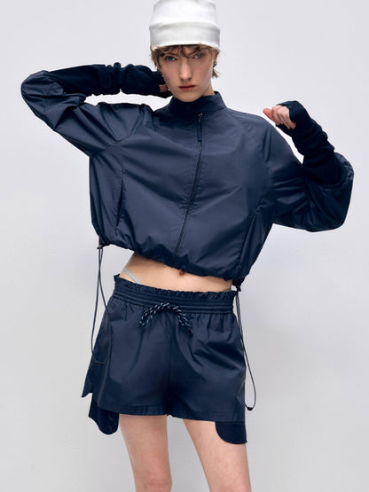 RUN TO THE FUTURE Polyester Two Piece Zip Stand Collar Casual Women Navy Green Short Trousers