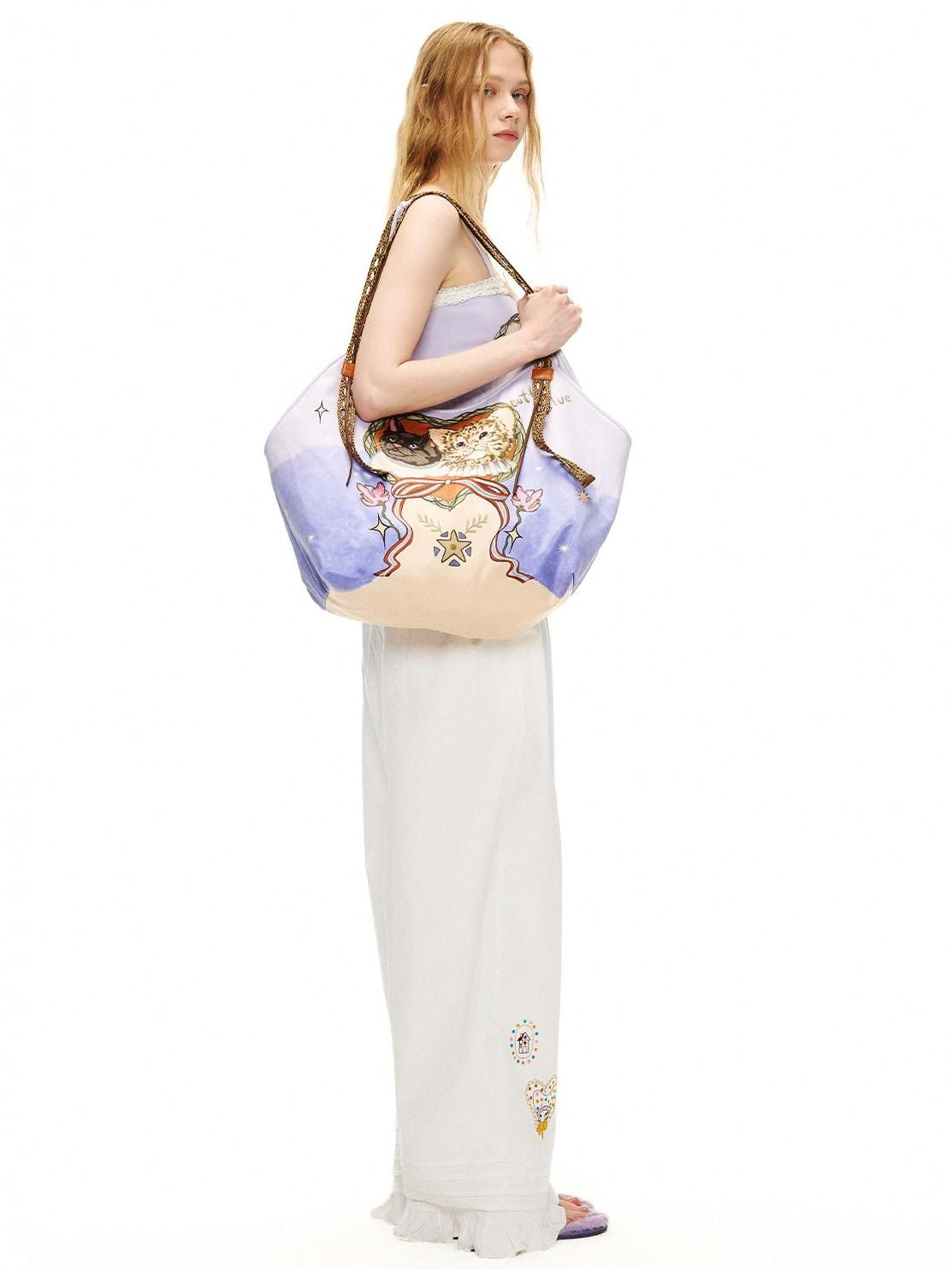 OuttheBlue Cute Cat Print Light Purple Roomy Square Double Strap Shoulder Women Tote Bags