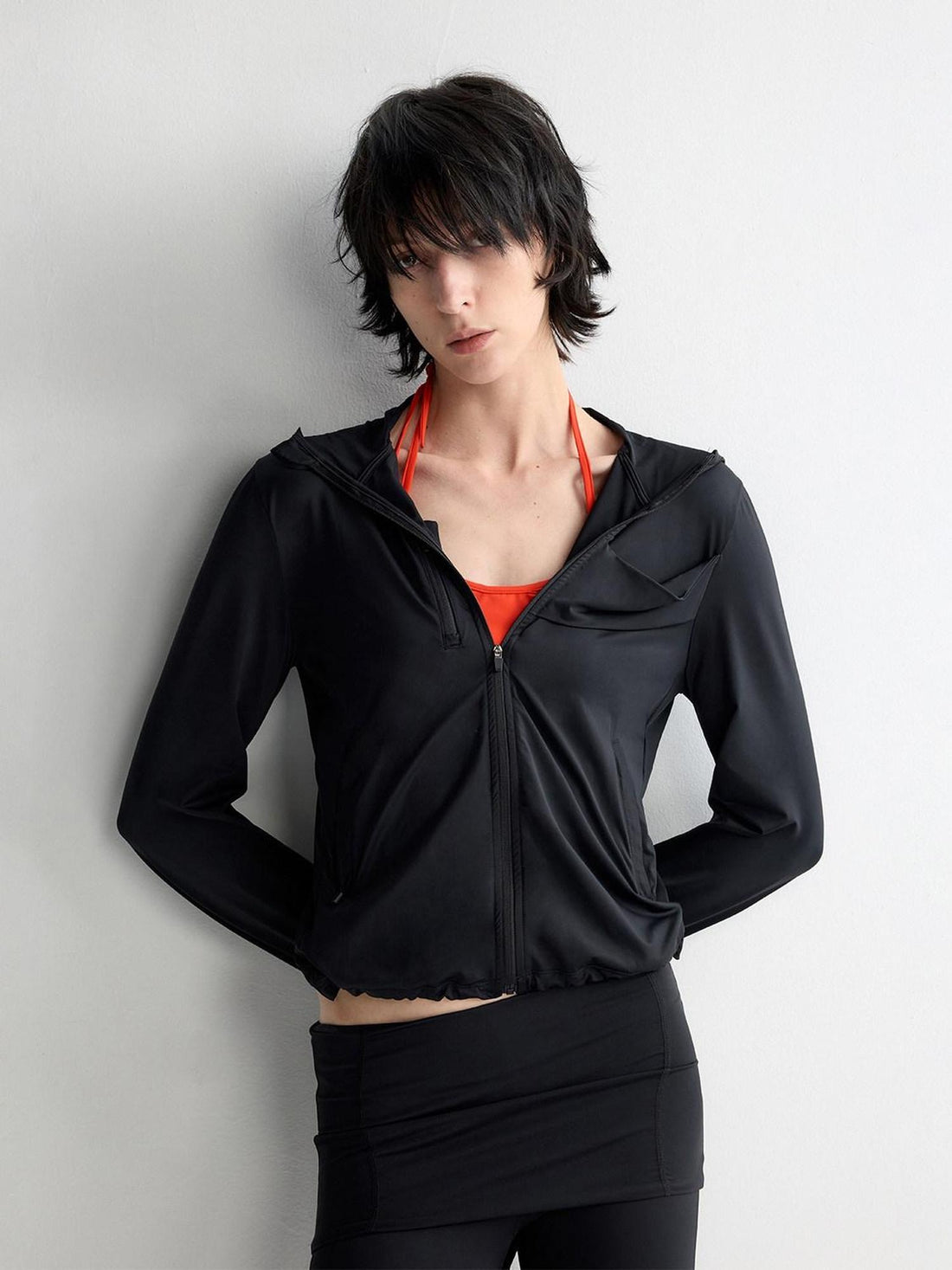 RUN TO THE FUTURE Breathable Upf110 Protection Slim Fit Hooded Zip Cropped Female Black Hoodies