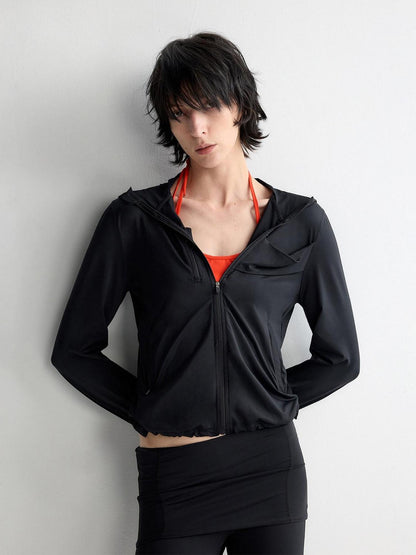 RUN TO THE FUTURE Breathable Upf110 Protection Slim Fit Hooded Zip Cropped Female Black Hoodies