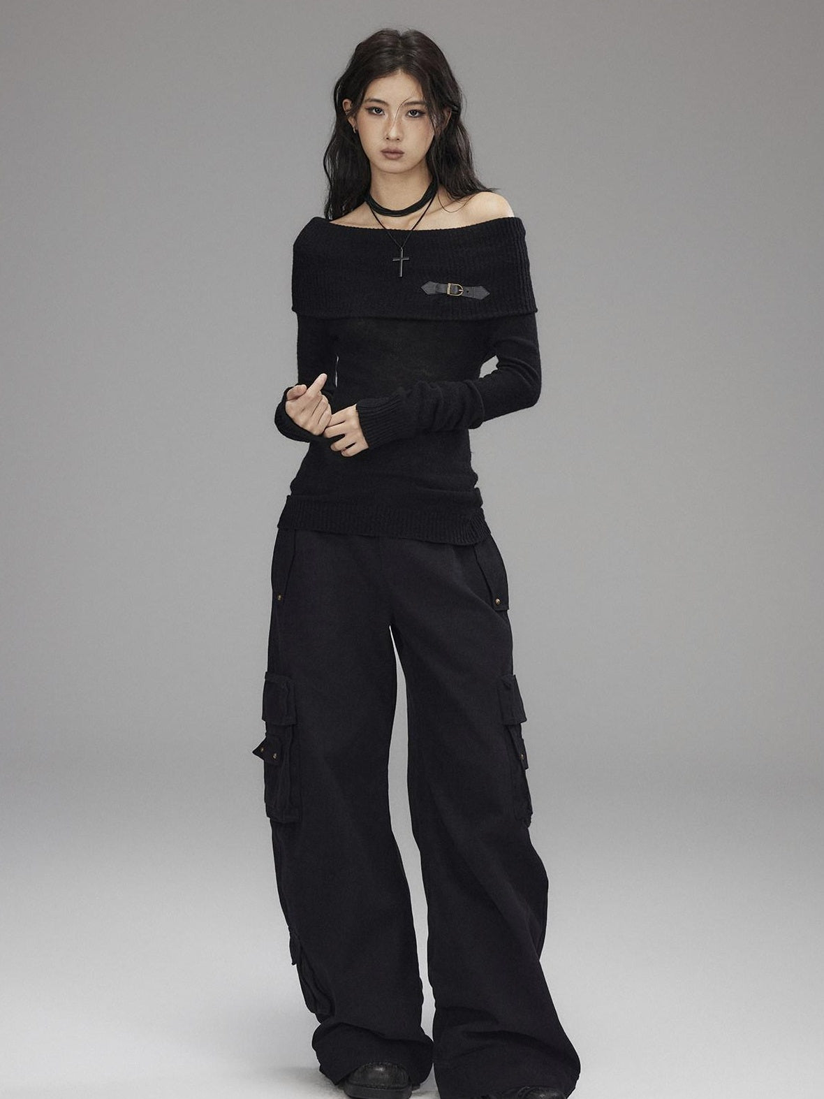 Low pixel Wool Blend Pullover Loose Fit Commuter Boat Neck Black Knit Sweaters