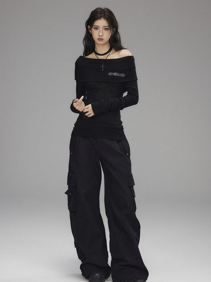 Low pixel Wool Blend Pullover Loose Fit Commuter Boat Neck Black Knit Sweaters