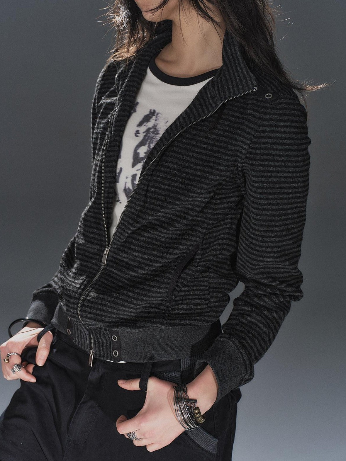 wear And tear Black Gray Striped Eyelet Tape Splice Punk Women&