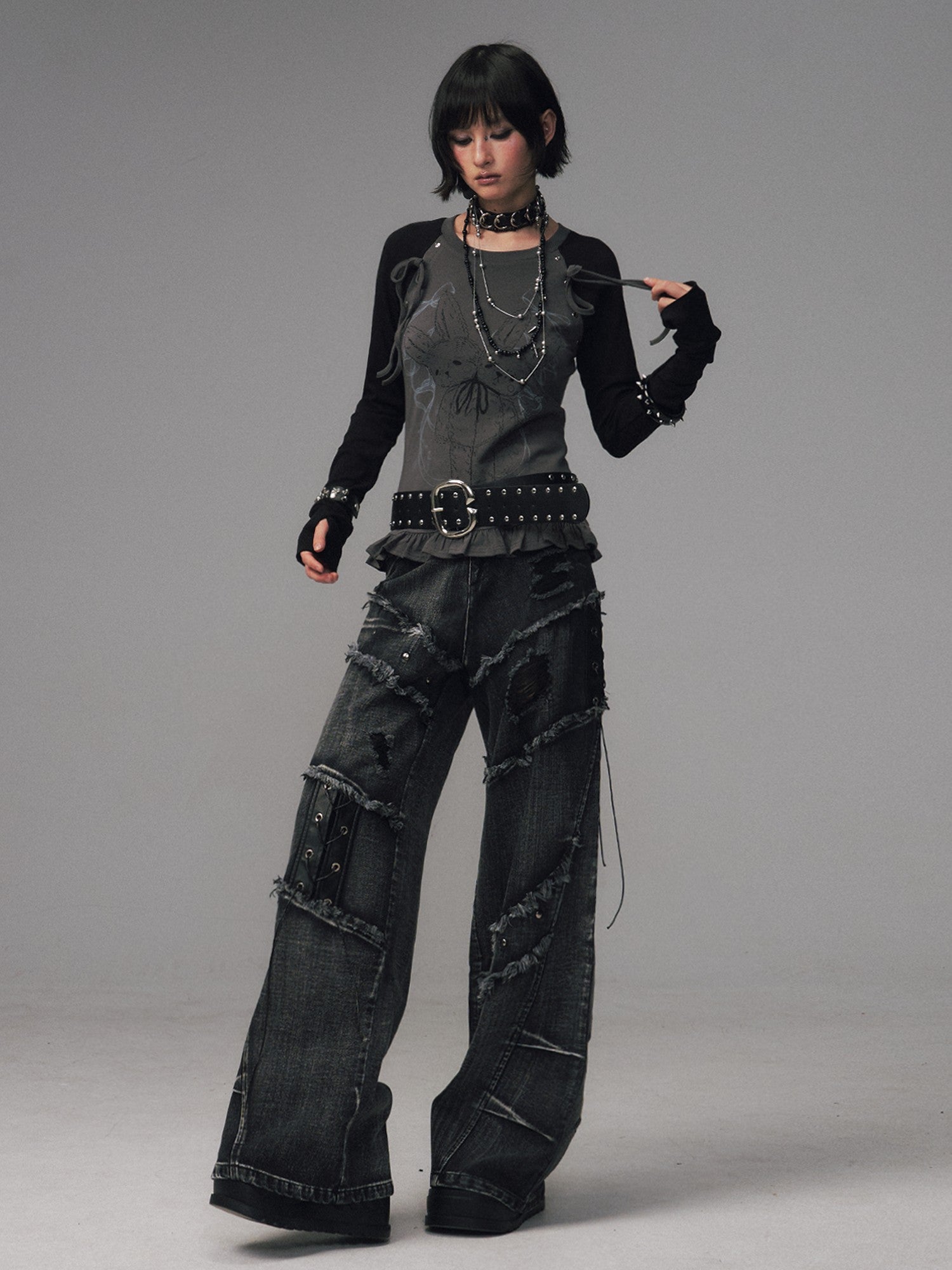 Frustration Garden Black Grey Street Punk Lace Up Frayed Rivet Women&