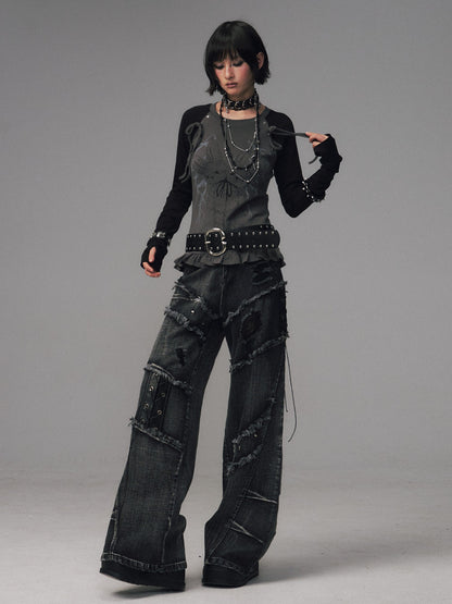 Frustration Garden Black Grey Street Punk Lace Up Frayed Rivet Women&