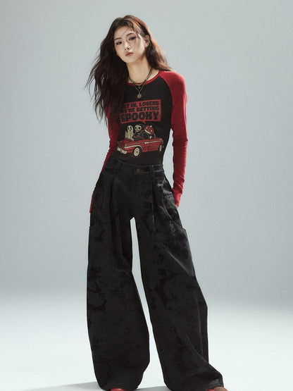 Low pixel Black Cotton Flocked Low Rise Loose Street Women Zip Fly Wide Leg Jeans