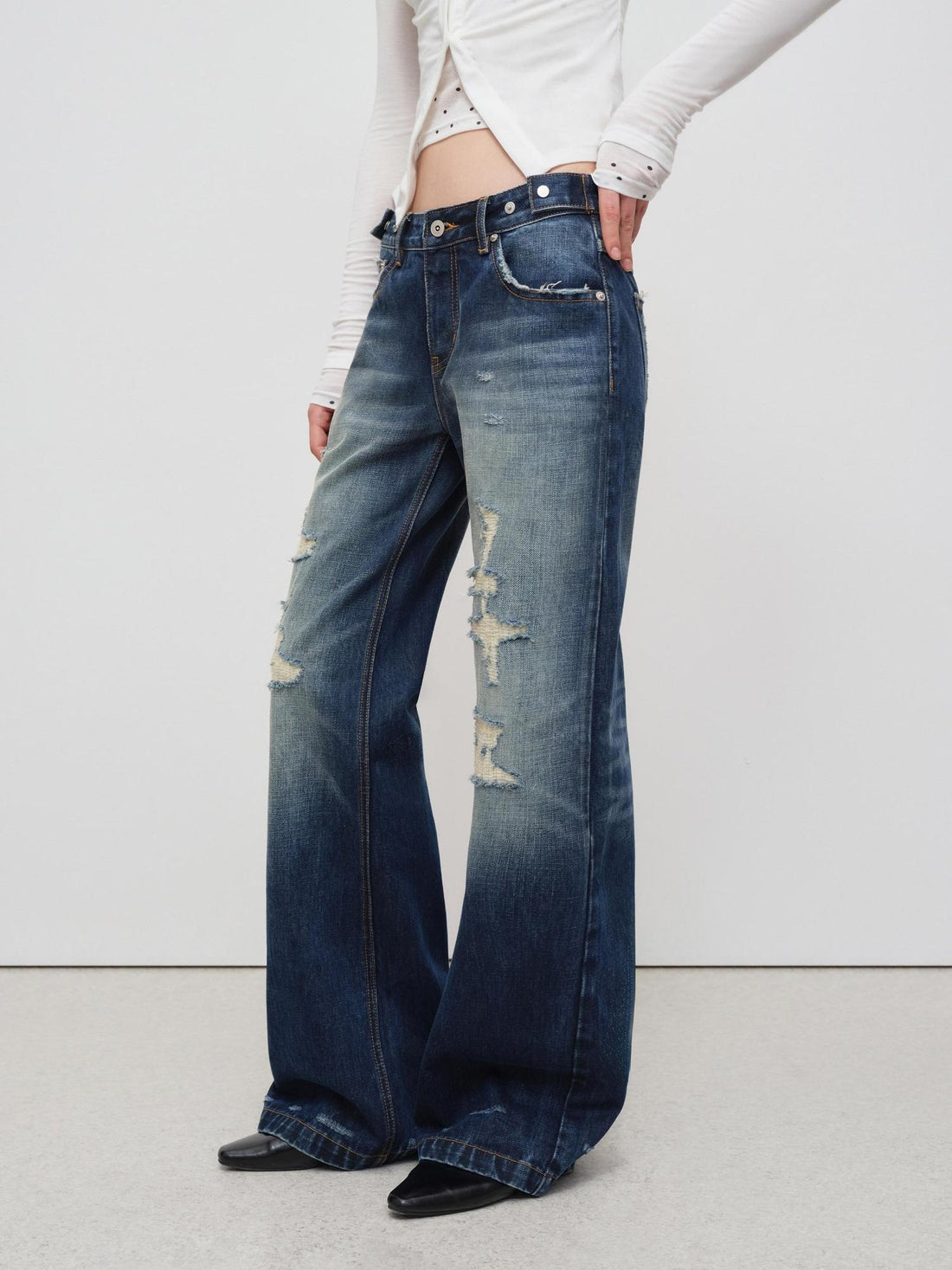 RUN TO THE FUTURE Vintage Distressed Low Rise Ripped Loose Fit Women Cotton Zipper Wide-Leg Jeans