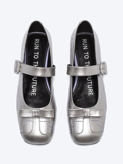 RUN TO THE FUTURE Sheepskin Insole Vintage Square Toe One Strap Low Heel Rubber Sole Women Flats