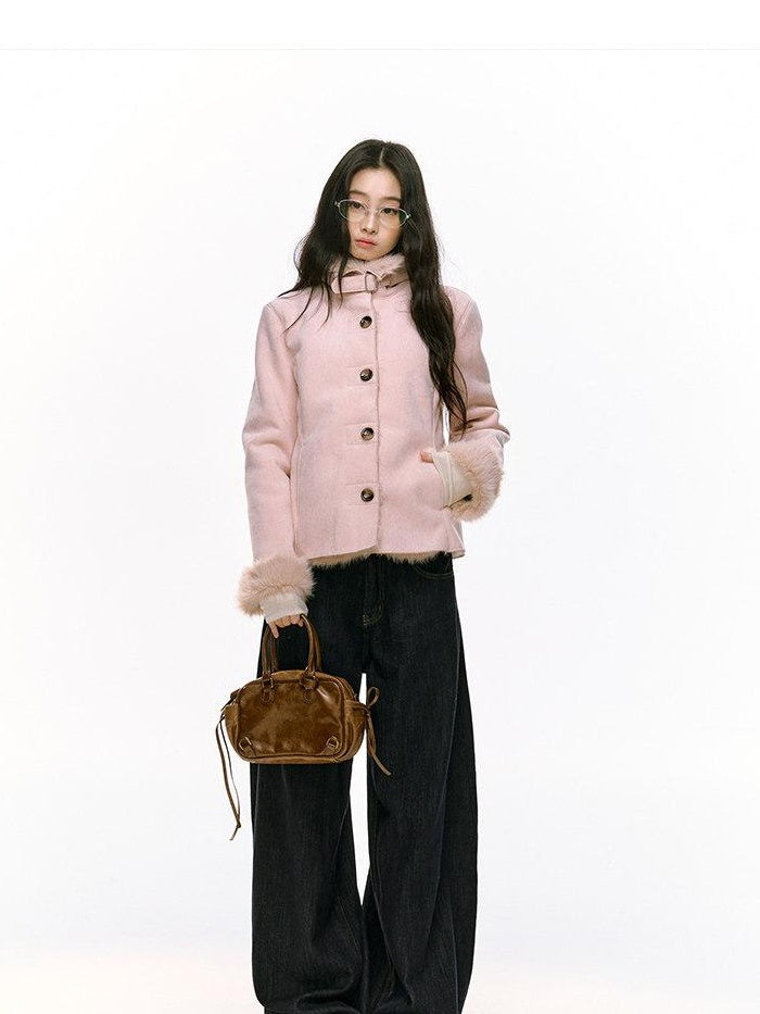 7Shiftin Fleece Lined Original Slim Stand Collar Button Coffee Pink Cropped Jackets