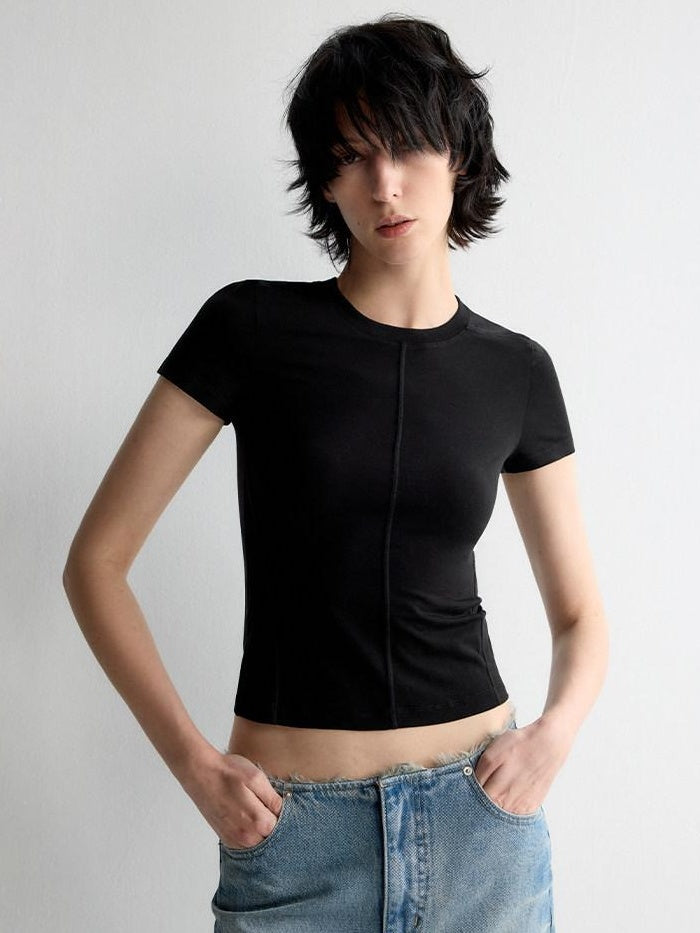 RUN TO THE FUTURE Cooling Lyocell Slim Fit Minimalist Women Office Crew Neck Solid Crop Tops