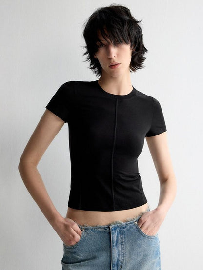 RUN TO THE FUTURE Cooling Lyocell Slim Fit Minimalist Women Office Crew Neck Solid Crop Tops