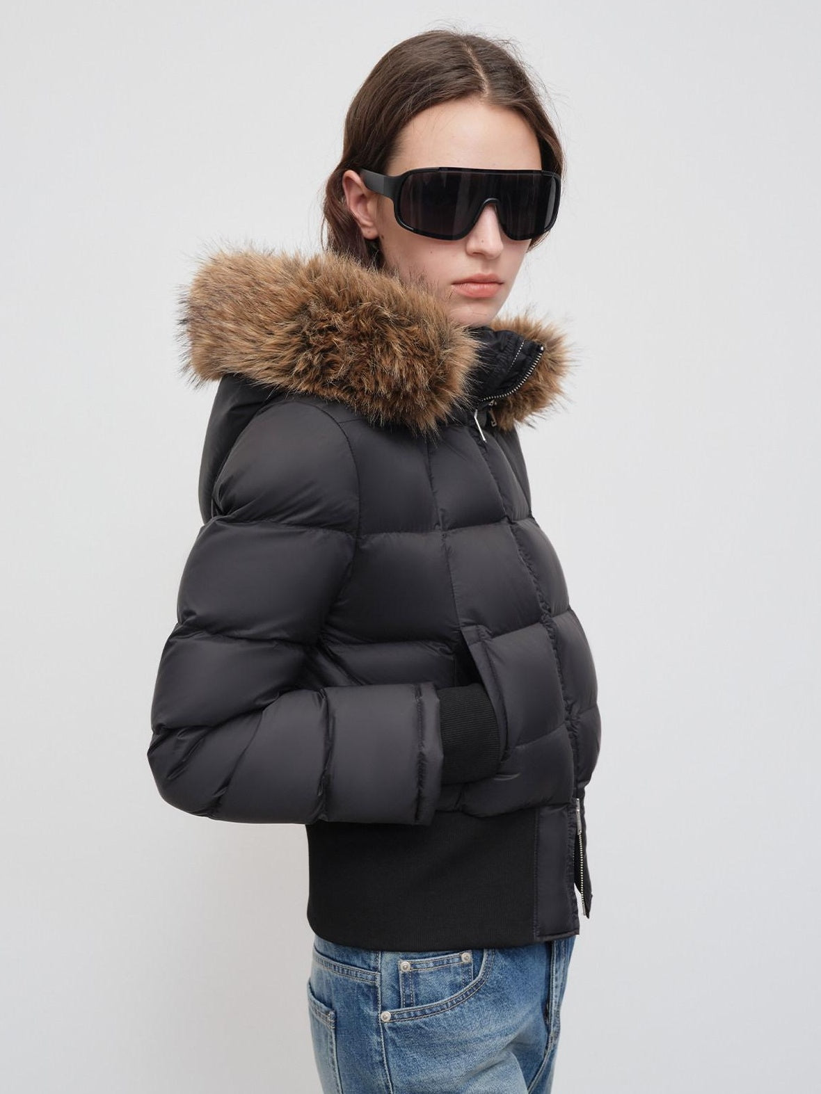 RUN TO THE FUTURE Warm 90 Percent White Duck Slim Hooded Fur Collar Black Women Zip Down Jackets