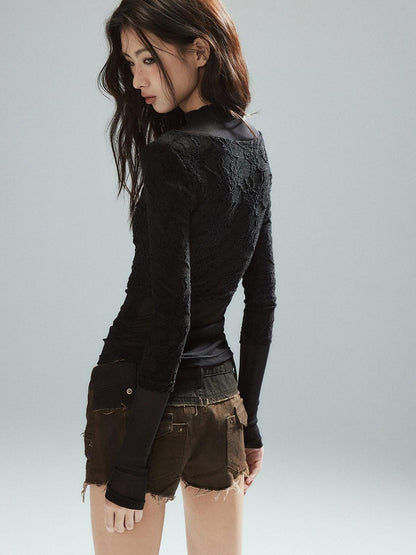 Low pixel Thin Street Slim Fit Faux Two Piece Crew Neck Women Nylon Long Sleeve T-Shirts