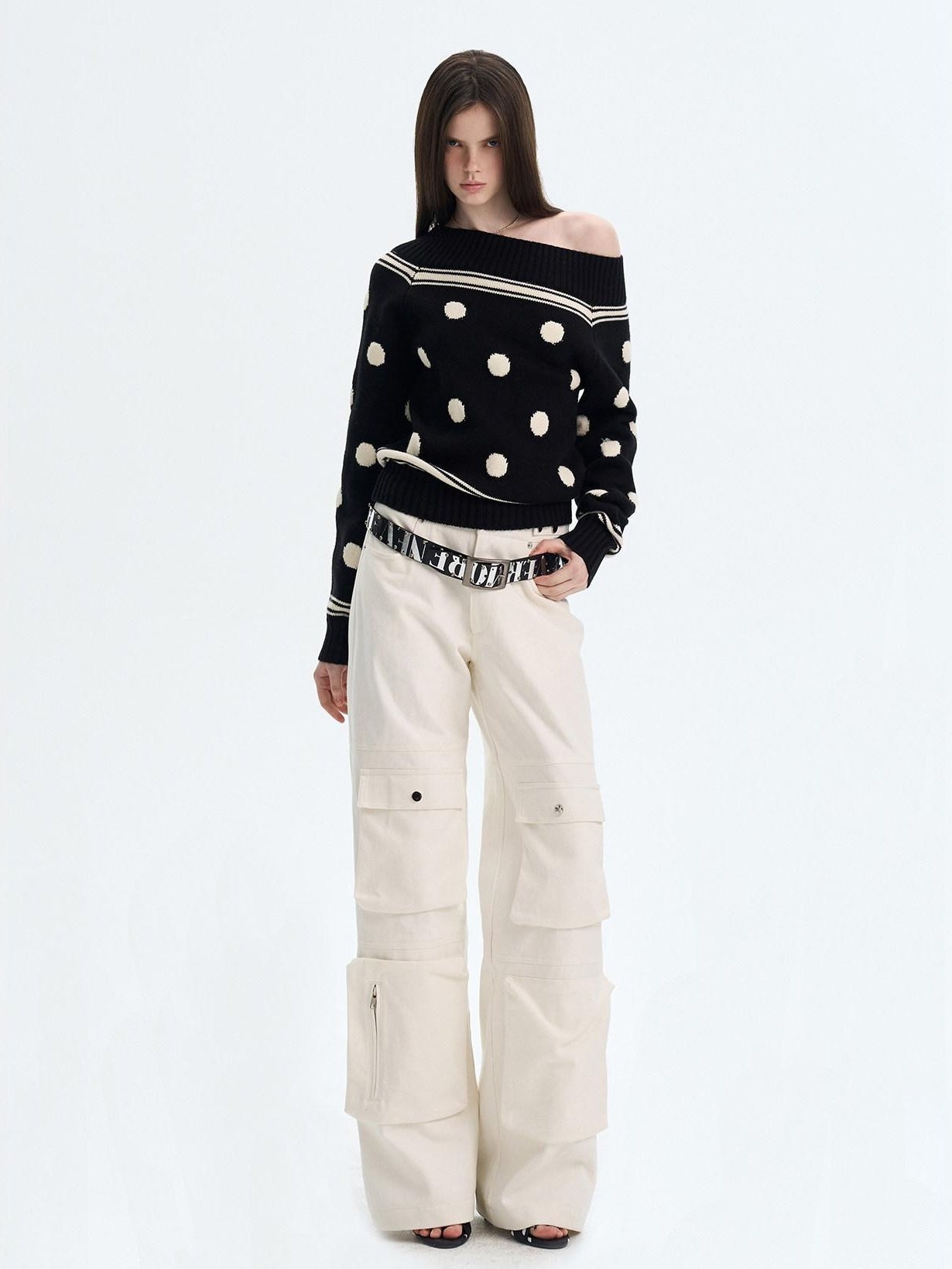 The NeverMore Cozy Thermal Acrylic Wool Polka Dot Boat Neck Relaxed Women Knit Sweaters