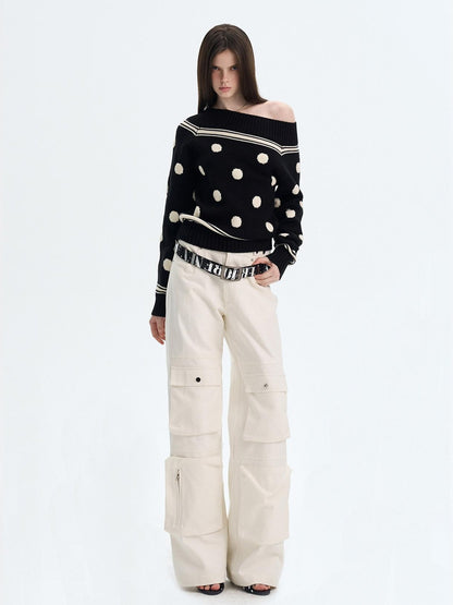 The NeverMore Cozy Thermal Acrylic Wool Polka Dot Boat Neck Relaxed Women Knit Sweaters