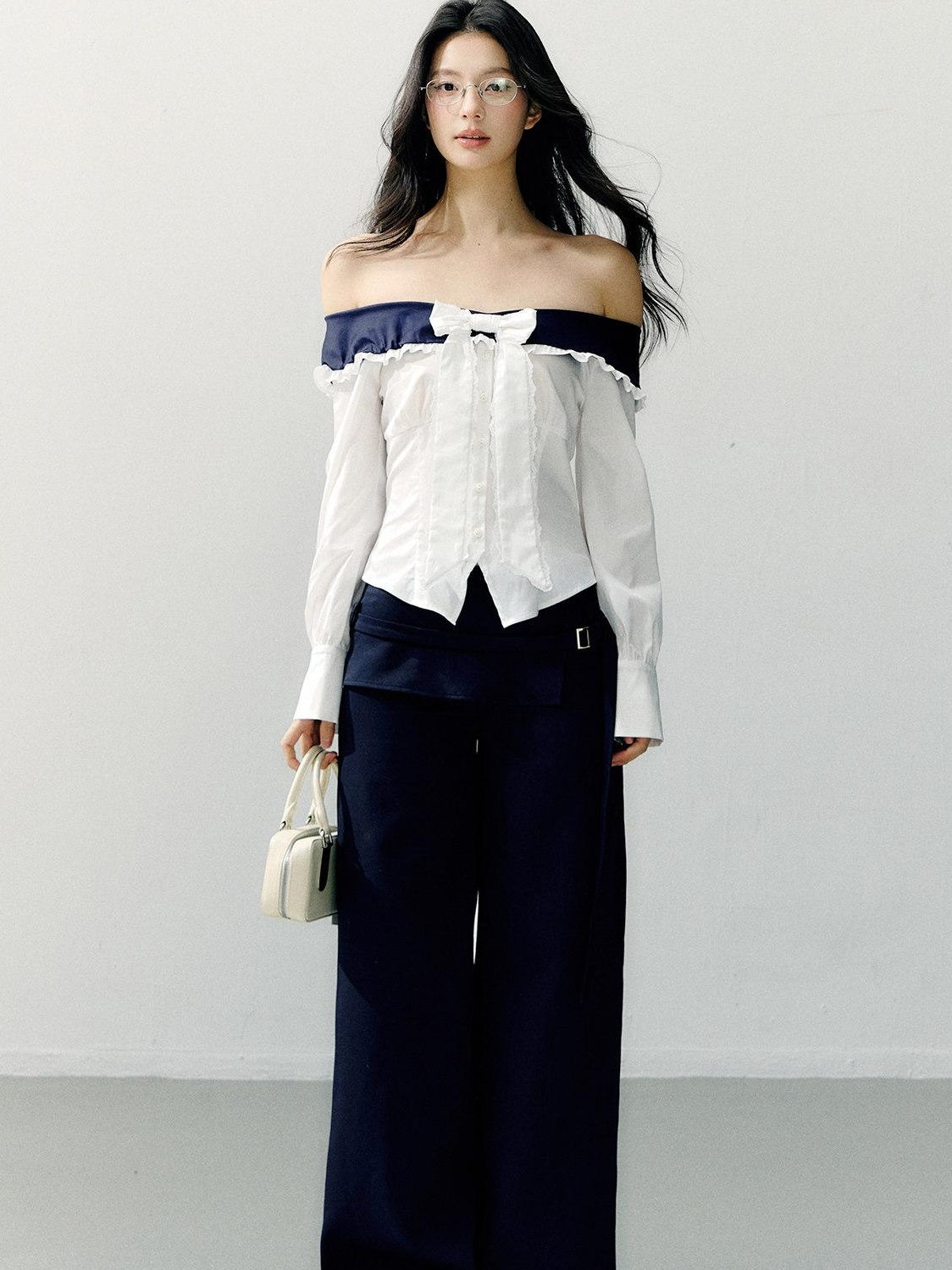7Shiftin Slimming Off Shoulder Slim Fit Long Sleeve Cotton Bow White Blouses
